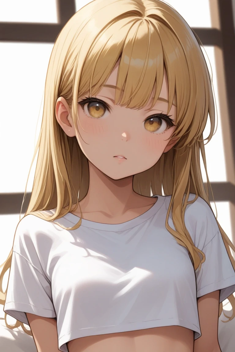 1girl, solo, long hair, hair ornament, looking at viewer, hairclip, window, brown eyes, blonde hair, upper body, closed mouth, shirt, frown, outdoors