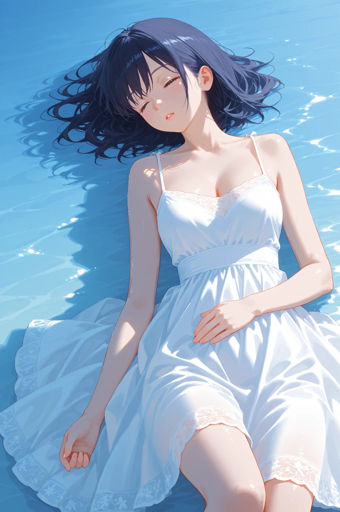 Caucasian female, short hair with bangs, your hair is red, Your eyes are blue, is wearing a short white dress, with cleavage on the breast, the dress is half transparent , You are drinking water and your clothes get wet