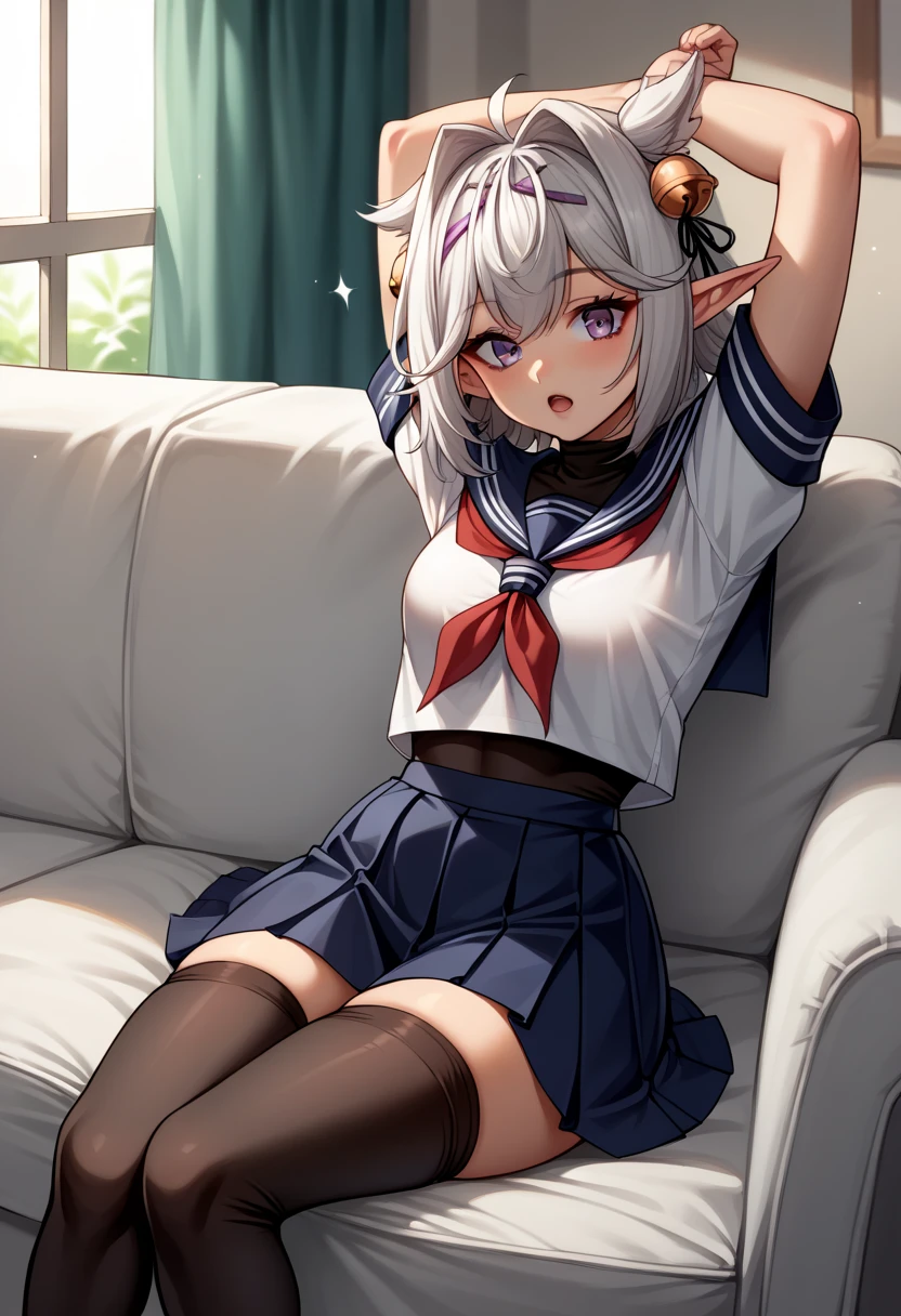 score_9, score_8_up, source_anime, 1girl, solo, FilianSailor, tail, short hair, hairclip, hair bell, serafuku, red neckerchief, swimsuit under clothes, covered navel, blue skirt, black thighhighs, indoors, sitting, on couch, stretching, arms up, open mouth,