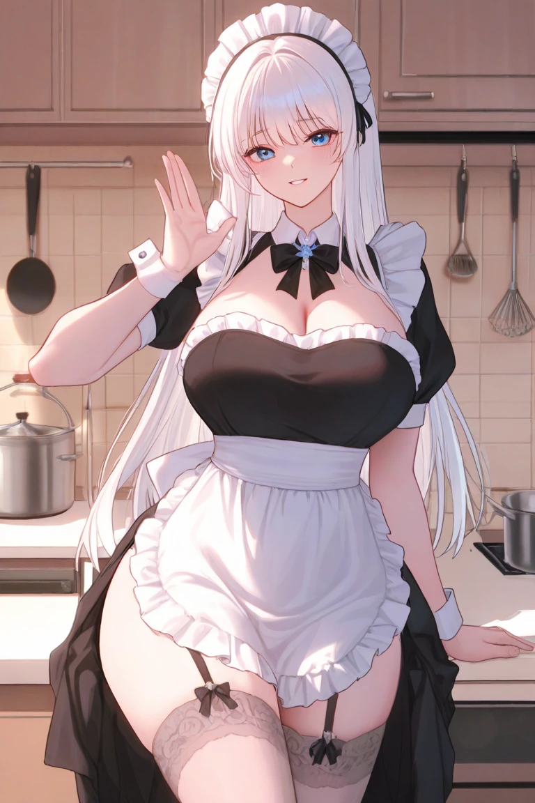 best qualtiy,tmasterpiece,The is very detailed,4K,Gray hair and shallow eyes,Drag cool expressions,Wolf ears,Erect scar on the left eye,British style,1girl,Absolutely beautiful, huge breasts, white costume, animal ear Scrunchie