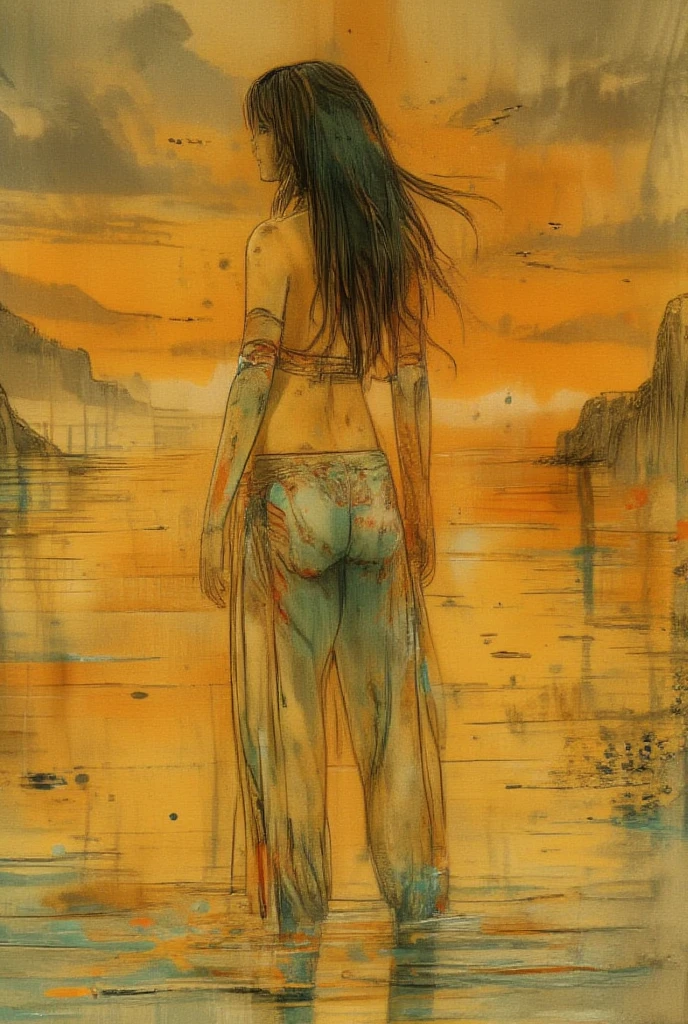 alone in the universe, in watercolor style, Photorealism, discreet golden and ruby and mint shades, (nude) gentle modest thin girl 16 years old (with a very beautiful exquisite face) southern type with short dark hair with beautiful breasts with tender nipples (barefoot) in a long orange skirt walking in the distance (Across the desert) (and carries a clay jug of wine), stunted little plants, drought, precious jewelry on the neck and chest and on the wrists, precious bracelets, ankle bracelets