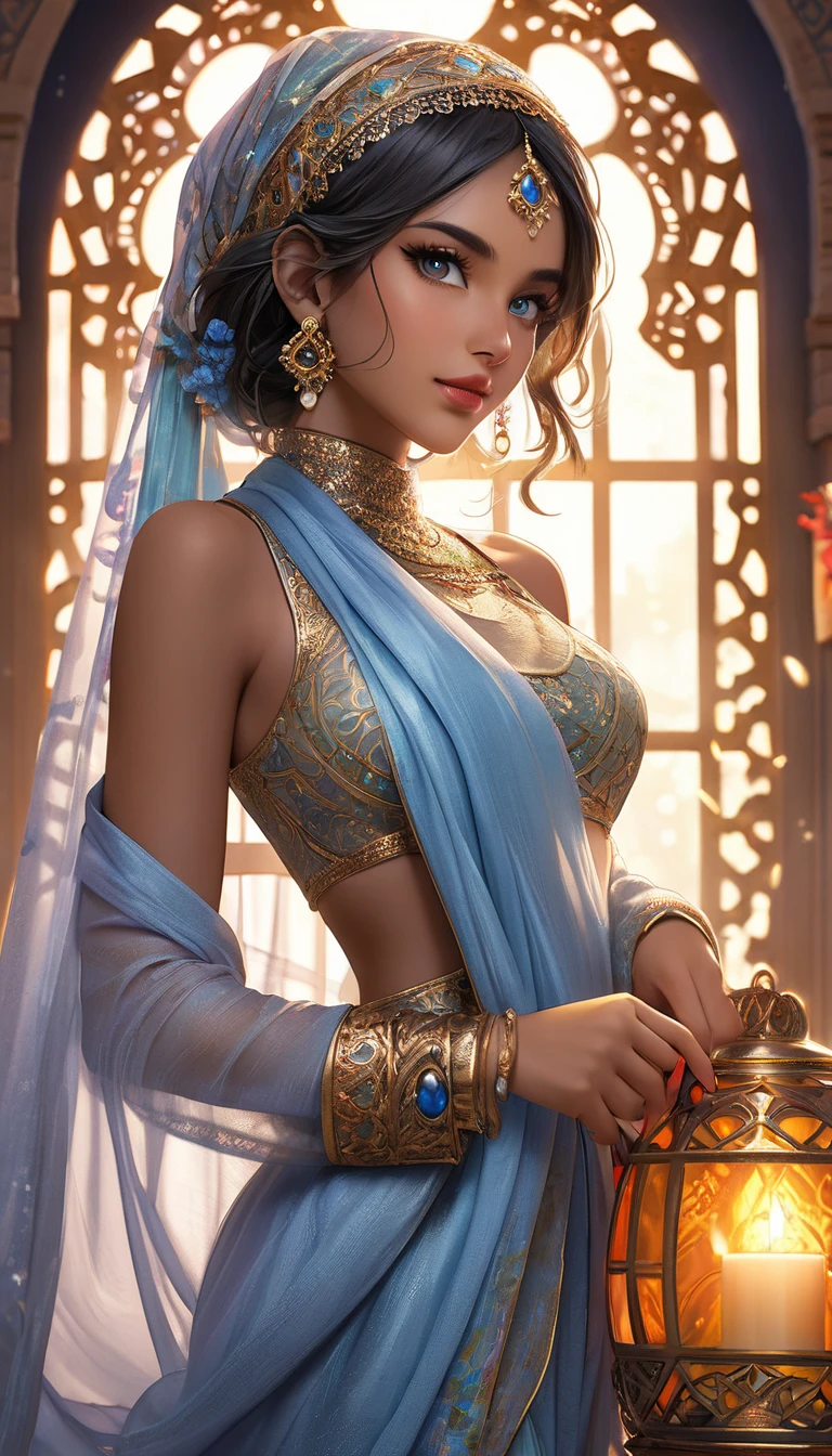 araffed woman in a blue dress and gold jewelry posing, extremely detailed artgerm, wlop and rossdraws, wlop rossdraws, artwork in the style of guweiz, fanart best artstation, beautiful genie girl, 8k high quality detailed art, alena aenami and artgerm, ! dream artgerm, in the style of ross tran, indian, big breast, having sex, with boy