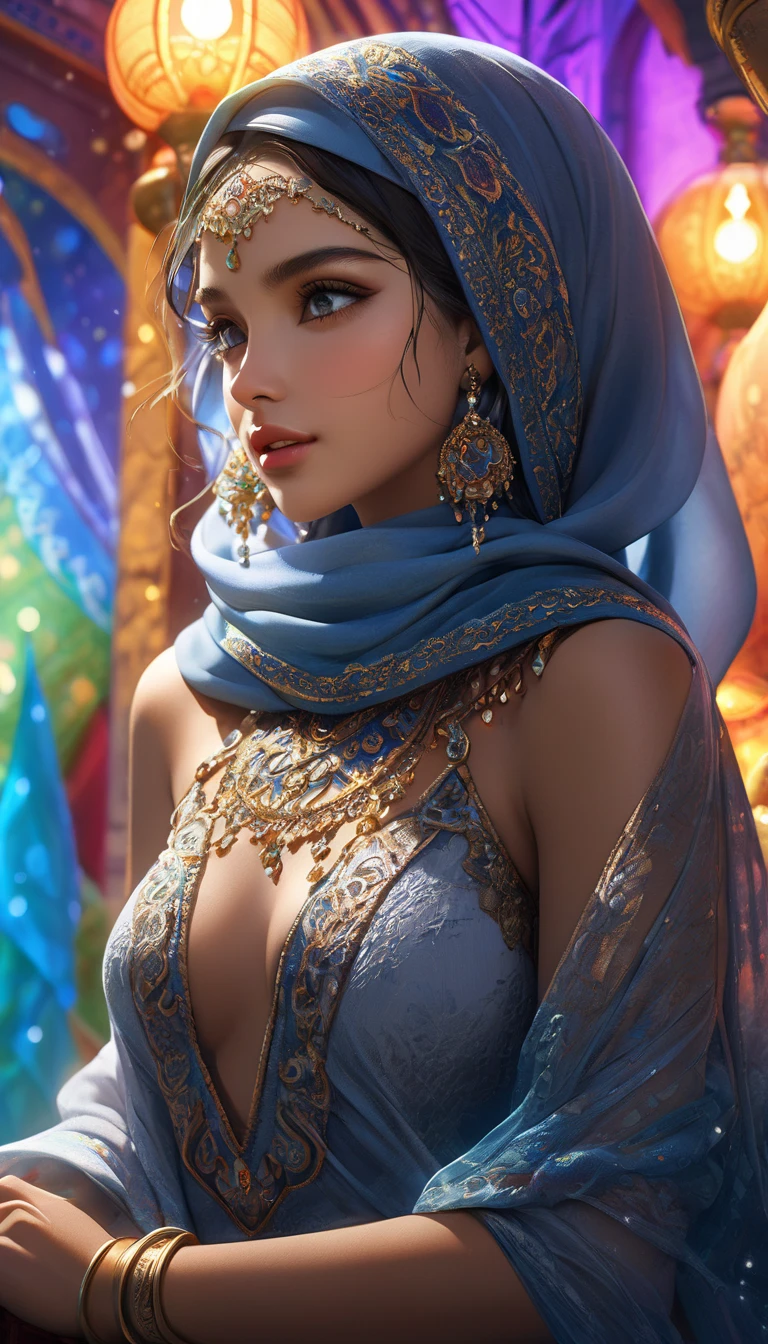 BREAK A bewitching Arab girl, Only one person, Attractive and sexy nude princess,
Arabian Nights, Aesthetic fantasy world of the Arabian Nights, The Return of Sherahezad,
BREAK Professional spray work, Detailed and intricate texture, Detailed and intricate brushwork, Detailed and clear depiction, Anatomically correct, Absurd aesthetics,
BREAK A special side that only she shows in front of her master, A seductive pose to captivate your partner, I submit to you❤,
BREAK A tale of horribleness and sexiness, The pursuit of aesthetics,
BREAK Detailed and attractive black human skin texture, Fresh and lustrous charm, Sweat that accentuates the sexiness of your skin,
BREAK A shawl made of loosely woven, transparent lace, A luxurious silk lace material that aesthetically covers the naked body, ((Eroticism adjusted to SFW)),
BREAK Detailed and realistic silk texture, Smooth, Gloss, Supple, Transparent holographic coating,
BREAK Attractive, clear, beautiful eyes, Aesthetic Expressions That Look at You, A look that conveys the anticipation of this evening, A bold seduction into bed,
BREAK A dark background that makes the subject stand out, Light and shadows that emphasize seductiveness, dramatic cinematographic lighting, Vibrant colors, Fantastic rainbow fantasy,
BREAK Highest quality, Highest Resolution, Optimized Octane Rendering, super retina vision,