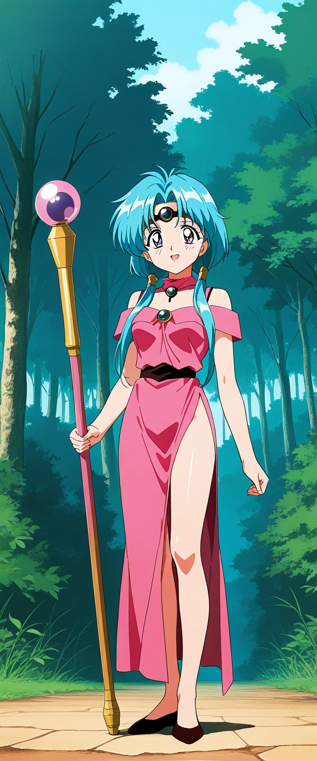 masterpiece, best quality, fantasy, official art, park, princess, bishounen, tall female, aqua hair, hairband, red eyes, tsurime, seductive smile, smirk, short dress, princess dress, bare shoulders, bare legs, clothes lift, wind lift, pantyshot, panties, lace trim, jewelry, koizumi hitomi