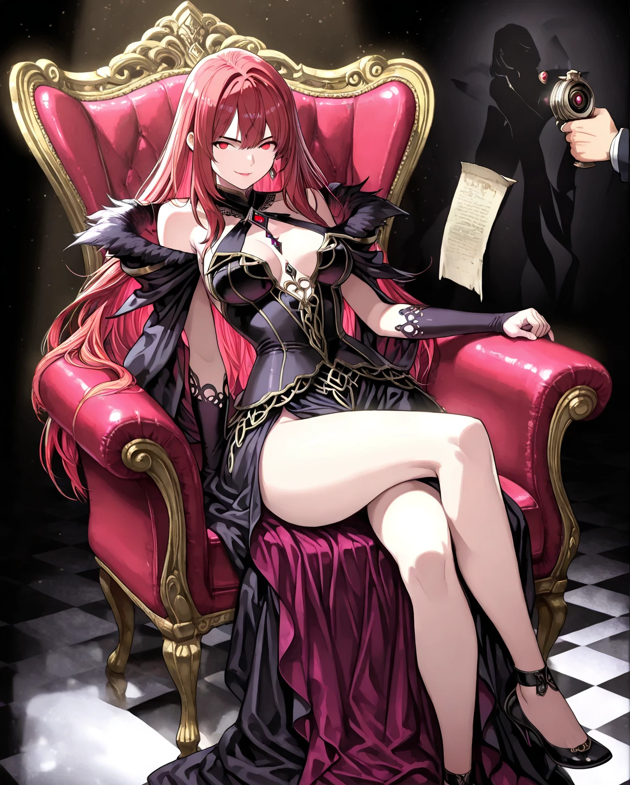masterpiece, best quality, (1girl:1.000), (bracelet:1.000), (nishikino maki), (red hair:0.987), (purple eyes:0.976), sleek black dress that hugged her curves , paired with simple yet elegant silver jewelry. Her hair was styled into loose waves, falling halfway down her back