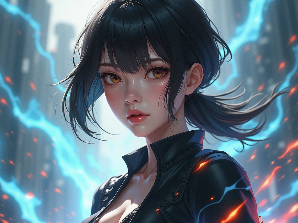 imagine a beautiful and cool female ninja in the Sengoku period, portrayed within a mysterious and captivating atmosphere, reflect the woman's attire in a modern and impressive interpretation of traditional kunoichi clothing, Design her appearance to align with her graceful and swift movements, let her face express both calmness and intelligence, the female ninja adeptly wielding her sword should seamlessly blend into the enigmatic surroundings of the Sengoku period, create an image that highlights her beauty and skills against a backdrop of shadows and distinctive scenery typical of the sengoku era, jet black hair, short hair, huge breast, sagging breast, curvy, (master piece, best quality, intricate details, sharp focus, UHD, 8K, Ultra Detailed 8K CG, cinematic lighting, vivid colors, sof HDR), <lora:FaithMirror:0.55>