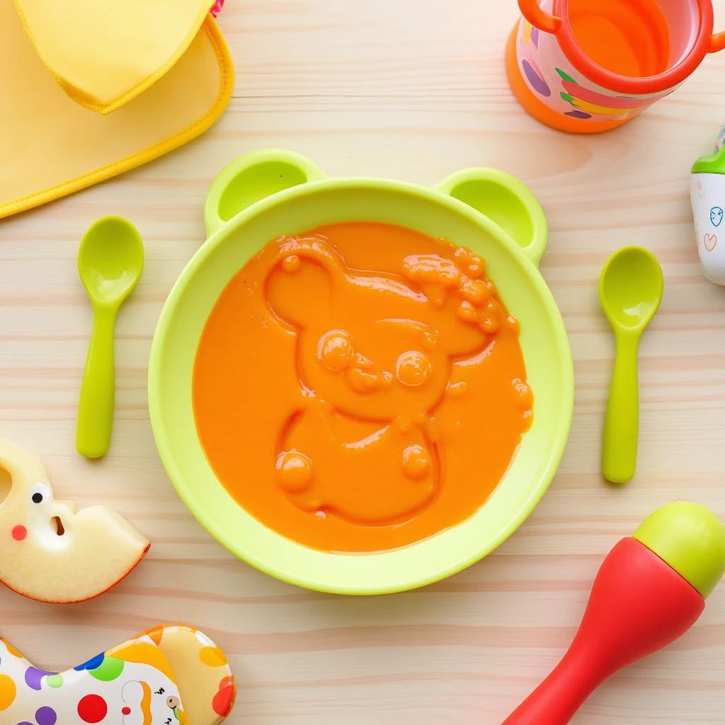 Create a baby eating baby food with a jar of baby food and a spoon on the table and the baby sitting in a high chair 