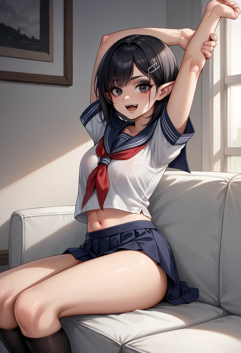 1 woman, HD quality, (solo:1.9), (ahegao:1.5), (orgasm:1.6), (drooling:1.3), smile, steam, (sheer white long thigh-high socks:1.5), (sheer white satin long gloves:1.3), (glowing eyes), best ratio four finger and one thumb,  (Open legs:1.7), (Large breasts), cleavage, (sitting on a bed with one knee up:1.6), (Green eyes:1.3), (Crop Top white shirt:2.0), (Micro thong:1.5), (under boob:1.7),  (Sailor uniform only for the upper body:1.5), (white short shirt), blue sailor collar, (Navel), (black high-heeled shoes:1.5), (red ribbon tie:1.1), side ponytail 