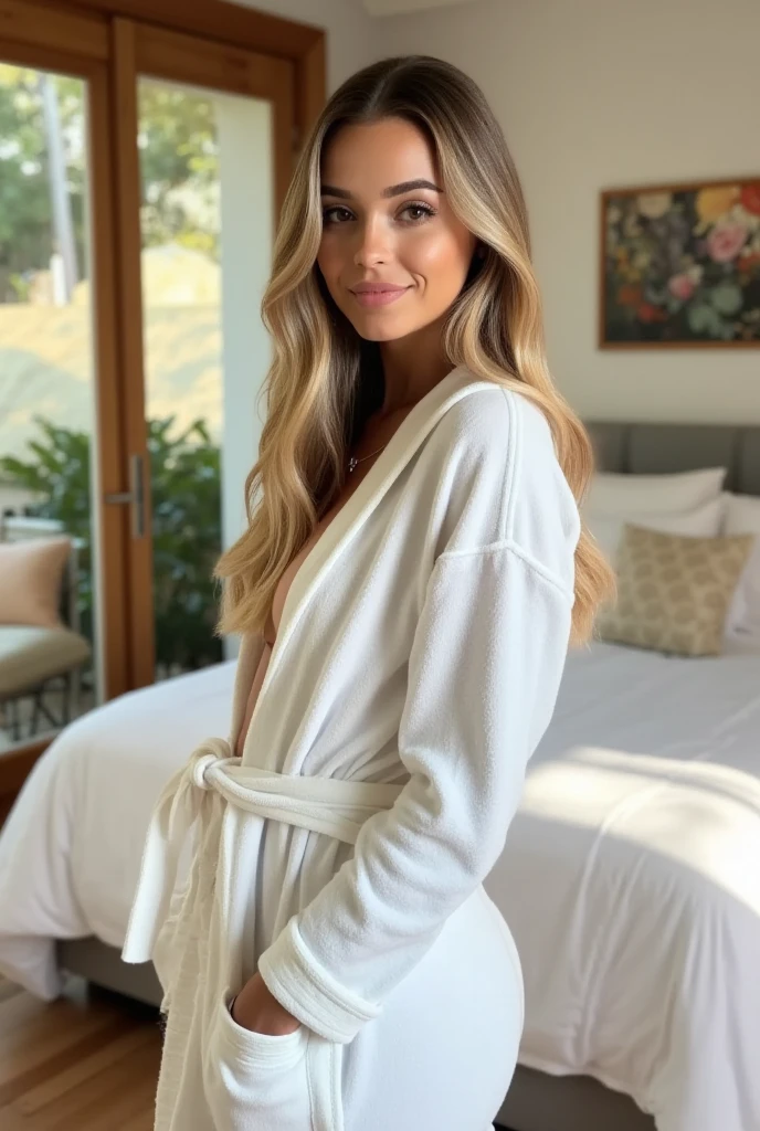 A 23-year-old blonde woman, ((pechos grandes)), ((hiperrealismo)), blonde hair with light brown roots, cabello rubio, cabello extra largo, cabello muy largo, really long hair, beautiful, front view, show whole body, photo taken with iPhone, dressed in an elegant silk robe with lace trim, open to reveal Hunkemöller lingerie, reclining on a massage table in a high-end spa resort, surrounded by candles and soft ambient lighting, her serene expression and luxurious surroundings creating a captivating image
