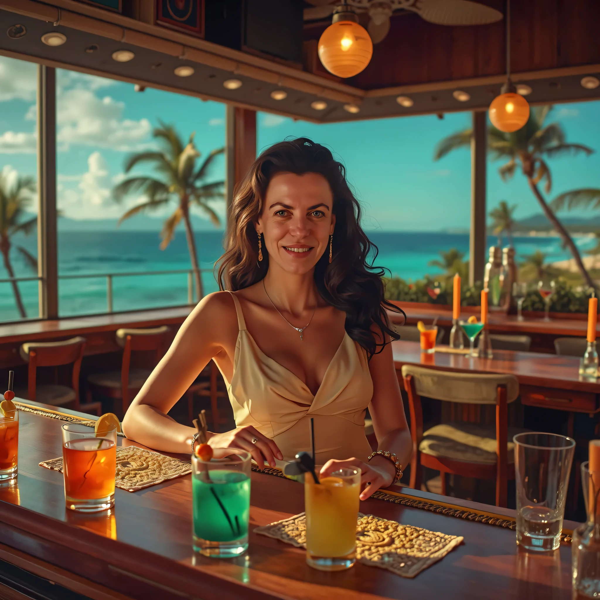 a picturesque ocean beach bar scene, a stunning coastal landscape with a beautiful beach, palm trees, and a stylish beach bar, highly detailed and realistic, photorealistic quality, warm colorful lighting, serene and tranquil atmosphere, 1 girl sitting at the bar, beautiful detailed eyes, detailed face and features, elegant cocktail dress, long hair, calm ocean waves in the background, sandy beach, wooden deck, tropical plants, outdoor seating, umbrellas, bar counter, bottles and glassware, masterpiece, ultra-detailed, hyper-realistic, cinematic lighting, vibrant colors