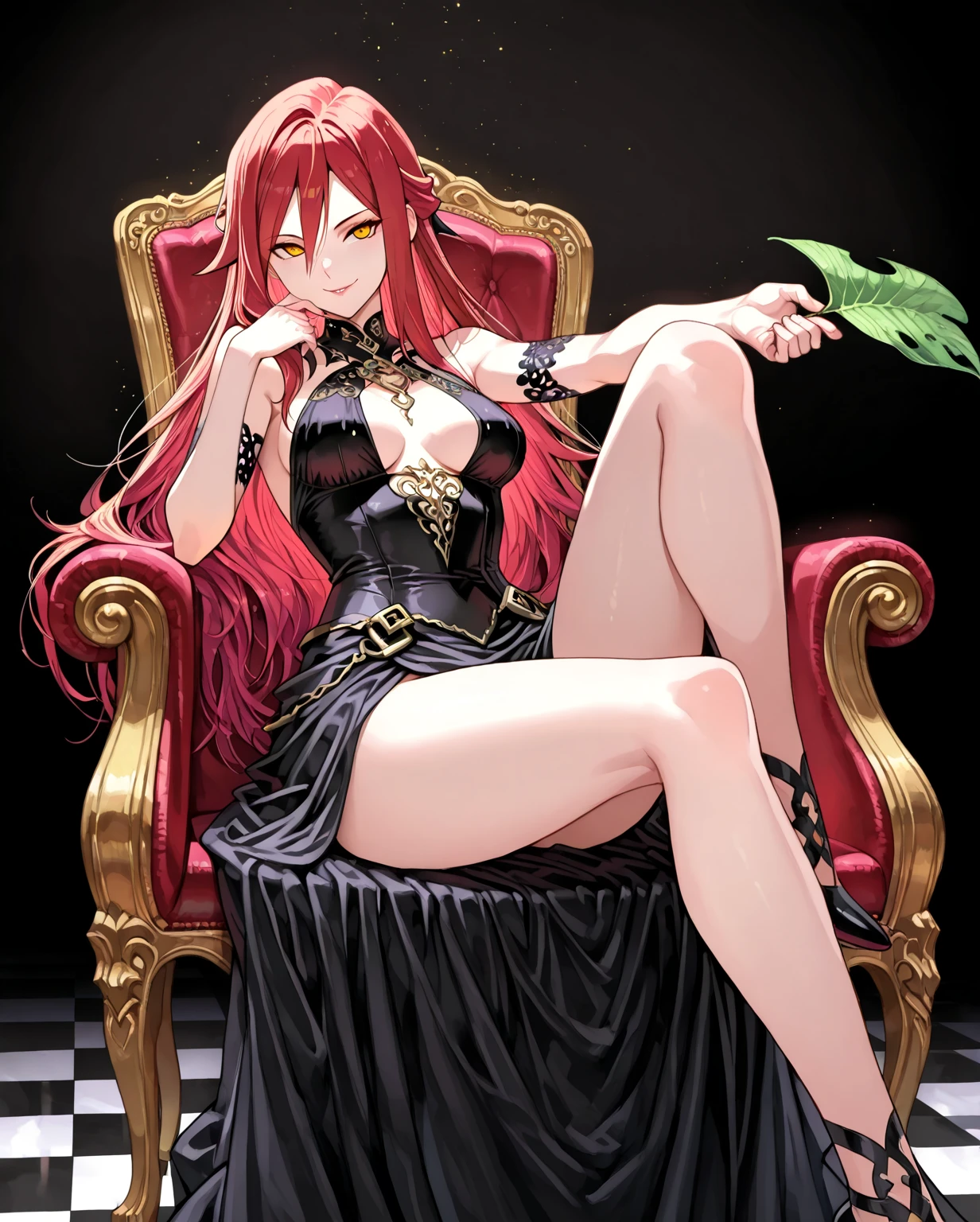 deep system_you laugh, 1 girl, Alone, (low angle), Blue_eyes, Big_old, Hair_in between_eyes, very_long_Hair, red_Hair, Huge_He drowned, session, throne, head_rest, crossed_legs, negro_dress, lenex_dress, fishing net_socks, high_heels, of_below, sexy, erotica, wet, old caidos