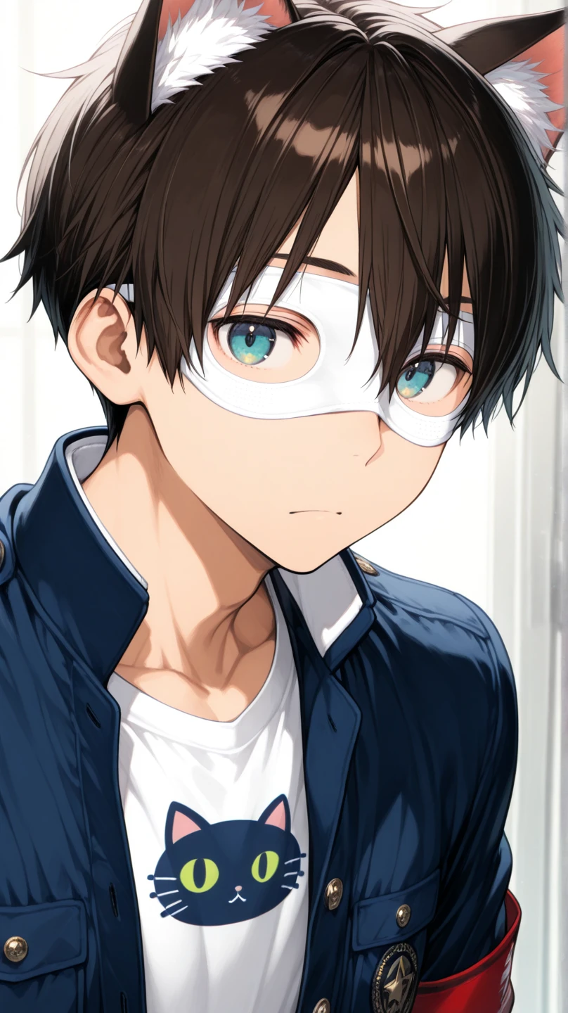 Highres, Masterpiece, Best quality at best,Best Quality,hight quality, hight detailed, Anime style, 1boy, Shota, young boy,black hair, Slim body, messy hair, look at viewer, Shirtless, bare shoulders, gag, Harnessgag, upper body, simple beckground, (very young boy), (very small and short body), simple beckground, hansome boy, Uhd, bokeh, sweat