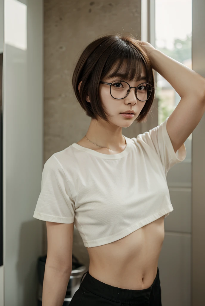 medium shot, ((white T-shirt and blue denim jeans)), japanese lady, pale skin, droopy eyes, 21 year old,(Black short bowl cut hair with blunt bangs:1.3),((standing)), high quality:1.3, shoot from below,Professional lighting:2.0 realistic:1.2,(cinematic lighting), 4k resolution, detailed skin, masterpiece:1.1, ((in bedroom)), (lovehotel), scenery, japan,(smile:1.3),(Black cell frame glasses:1.3),(nipples poking through clothes),