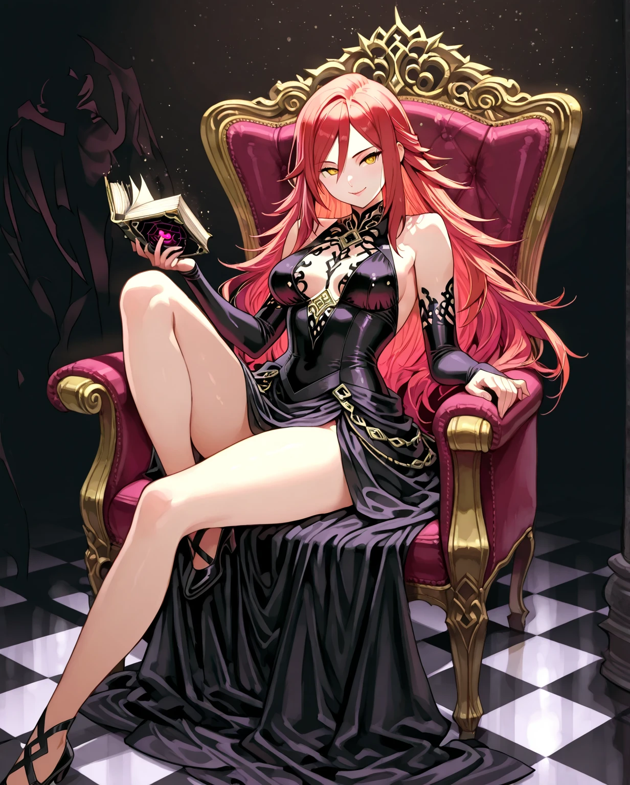 1 evil queen girl,smallbreast, russet hair , wearing a large black shirt that reaches the thighs, reading a book,consented, sitting on a throne in a bold way . a bold style, wearing a crown