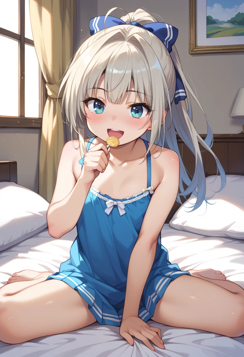 pantyhose,,sailor,microskirt,cute,lying,on stomach,white hair,smile,crop top,see through,twintails,cleavage