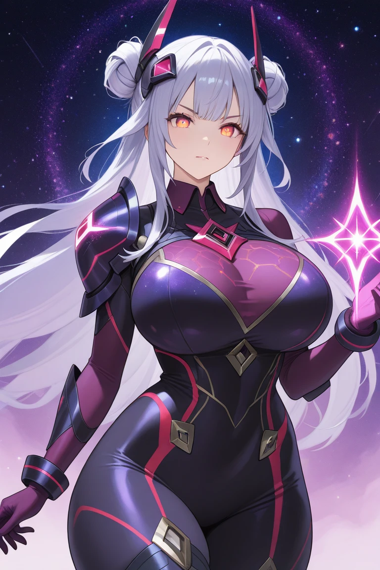 1girl has a tall figure and has is long, purple hair. She wears a white dress, combined with black line elements. She wears a white hair ornament and carries an extremely large golden sword.