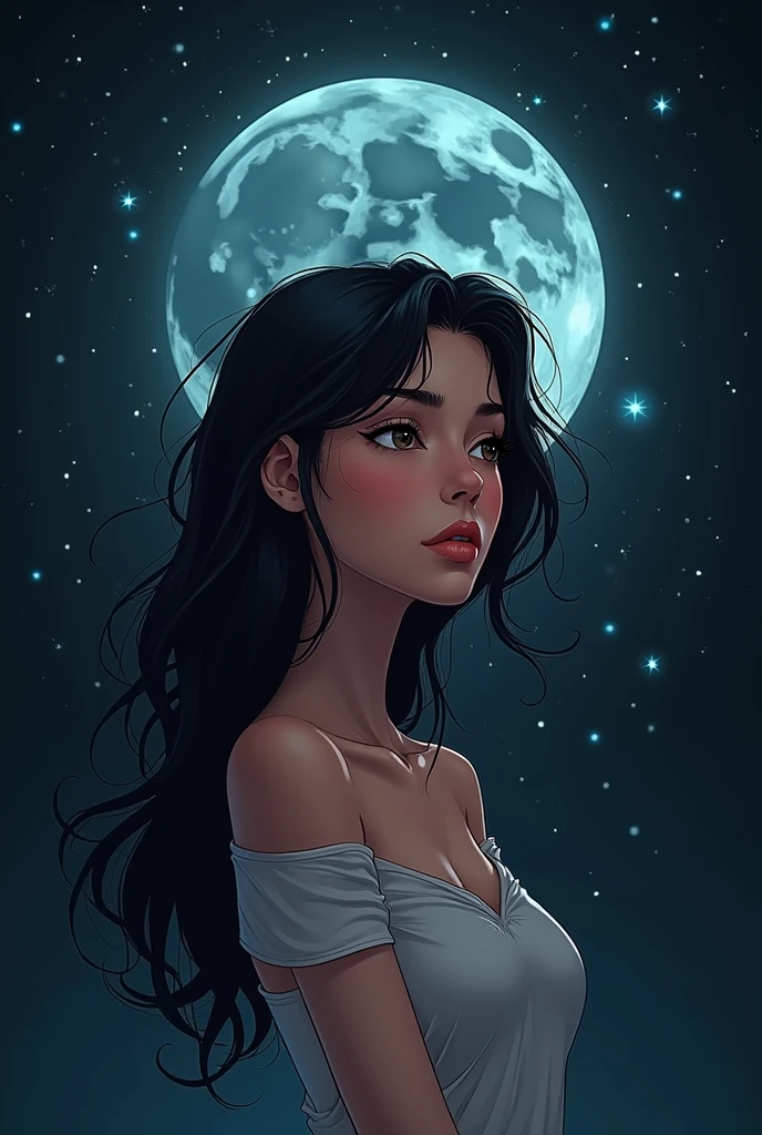 magical girl, very long black hair, naked sinister forest, magic, fantastic, night sky, moons, stars, background, nsfw, face full of seman, seman in face, seman in body, all full of seman, smile, (art inspired in Bill Sienkiewicz). oil painting)