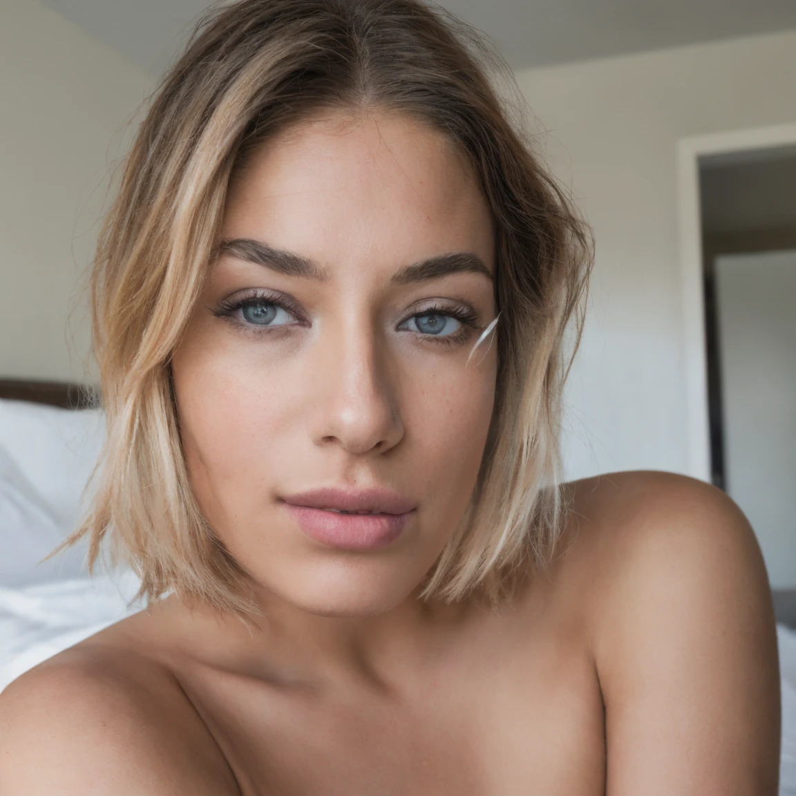 a beautiful 23-year-old woman, girl next door, mirror selfie, makeup, lips, blonde, messy hair, short hair, film grain, retro, Porta 160 color, shot on ARRI ALEXA 65, sharp focus on subject, Fujifilm XT-3