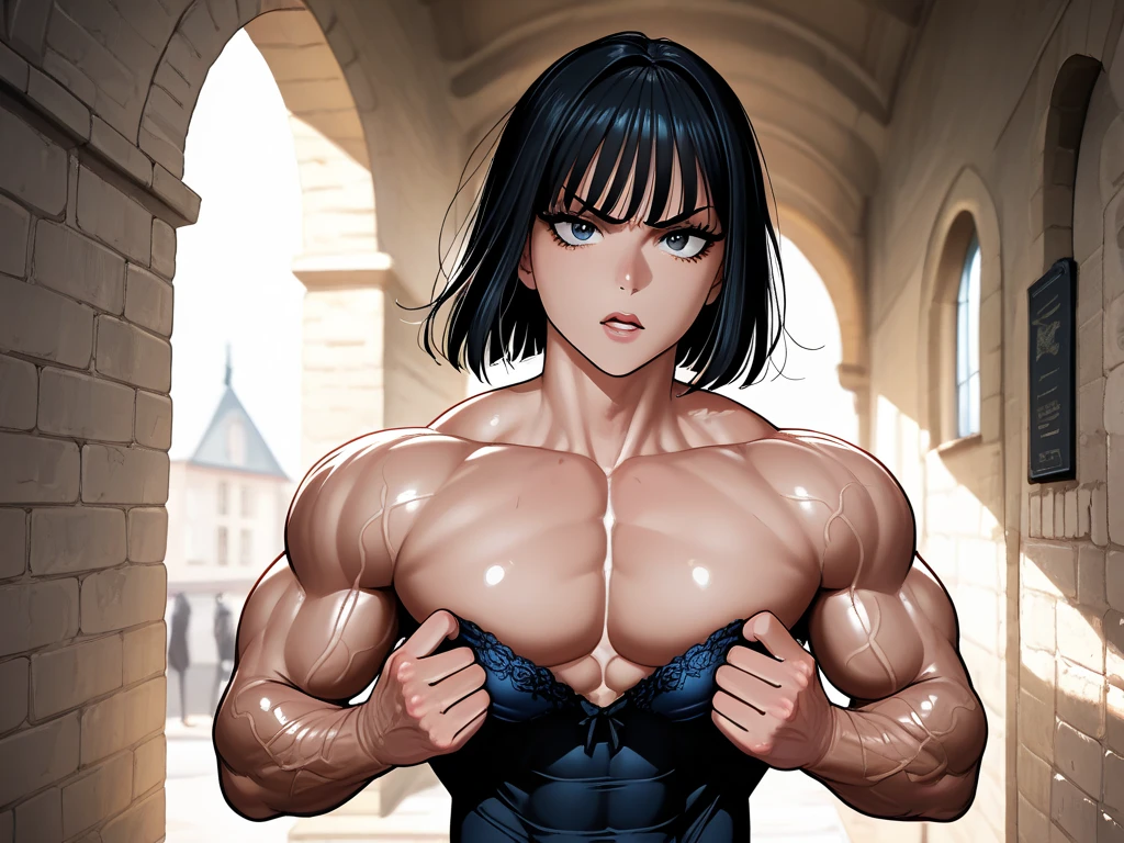 Woman in black bikini and small man in white shirt, weak and small man, thin and small physique, Very beauthful. , ,weak and defenseless man, small physique, , muscular ultraviolent woman, muscular and scary, absurdly huge physique, big muscles, extremely muscular woman,