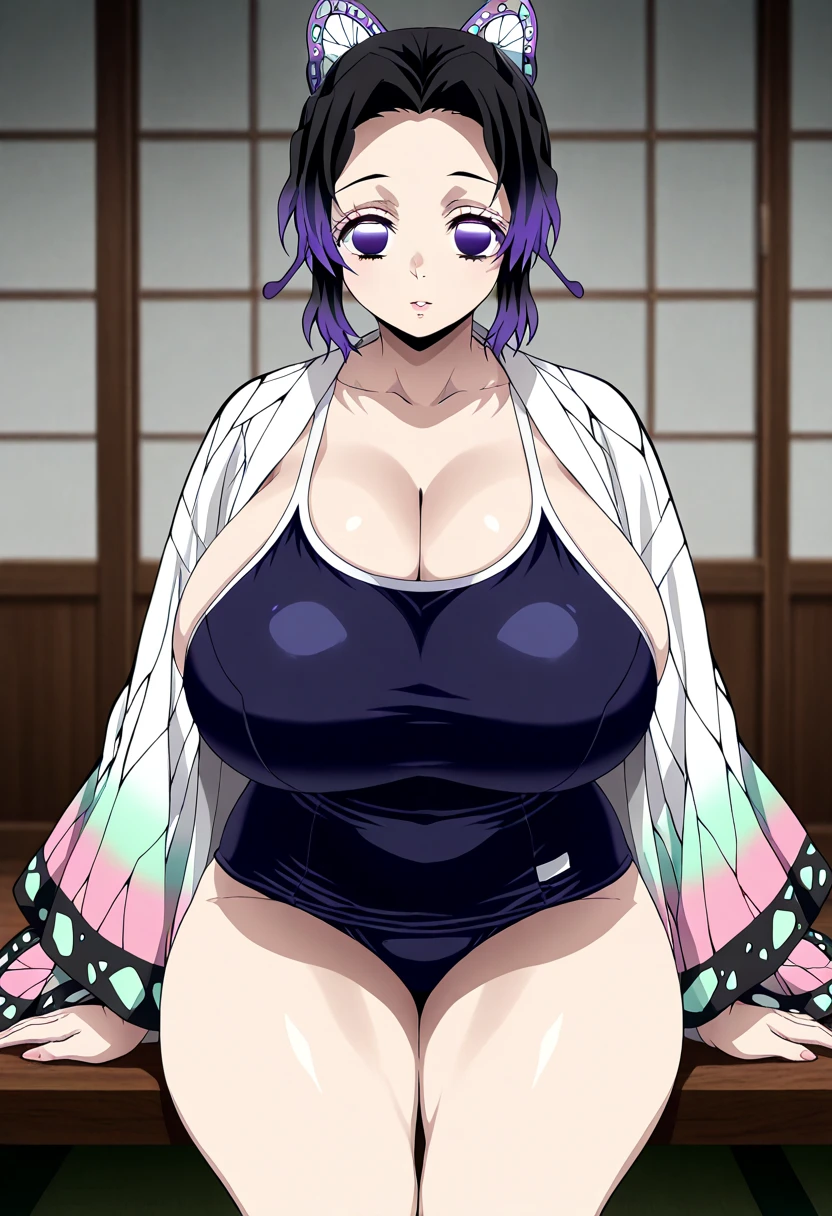 Kochou shinobu, 4k, absurd, high resolution, very high resolution, high definition, masterpiece, Short hair, purple hair, Separate bangs, Hair Adorno, Butterfly hair ornament, Purple eyes, very tight Black Jacket, sleeveless, black high-leg leotard, zettai ryouiki black thighhighs, cowboy shot, looking_at_viewer, lite smile, closed mouth, hairy natural public hair, natural armpit hair, huge_breast, erect nipples
