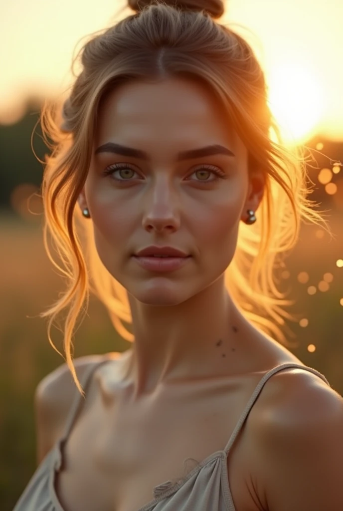 (photo du visage), 1fille, Beau, coucher de soleil, Beau coucher de soleil, nuageux, forêt, randonnée nature, (((photo du visage))), casser sports bra, sac à dos, Pantalon de yoga, casser large breasts, se maquiller, cheveux longs et raides, peau pâle, peau claire, peau blanche, casser