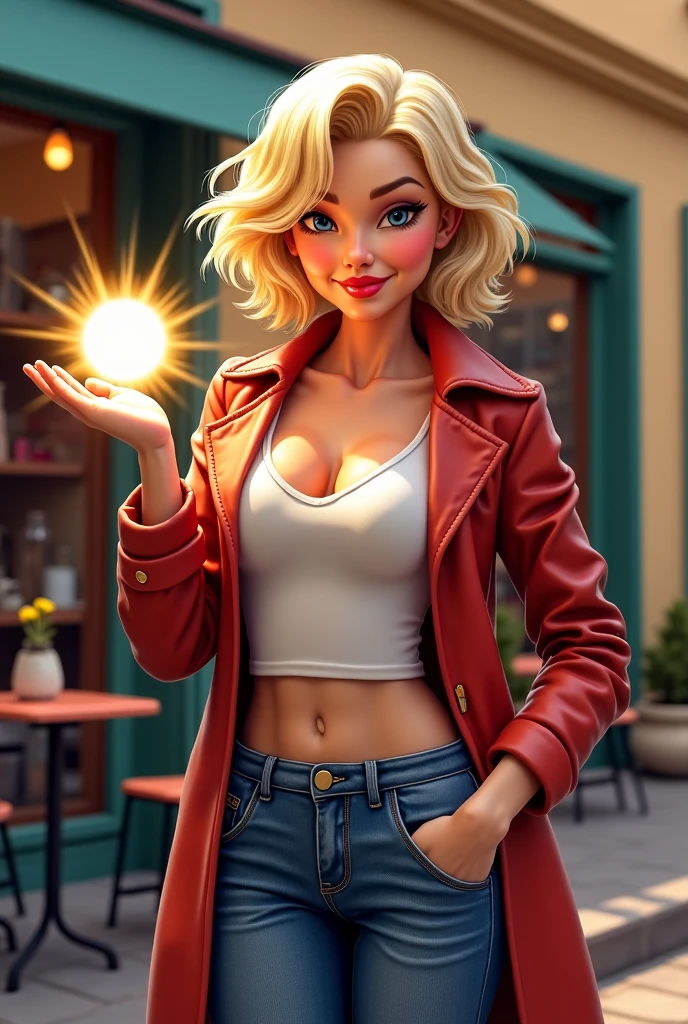 Render a realistic image of a beautiful female superhero about 28 years old with blond hair ending just above her shoulders in a French Bob style. She is of French ethnicity. She has a quirky smile and winking with one eye. Make her fit; but not bulky. She has one hand on her hip and one hand palm up at shoulder level with a sphere of flashing light just above her palm. Behind her should be an outdoor French Cafe. She dons a red leather trenchcoat, blue jeans, and a white tanktop.  Her outfit should be multi-layered and heavily textured. The main colors should be a soft red, blue, and white. In the bottom right corner, have her name, "Solène" written using the same color as the sun.