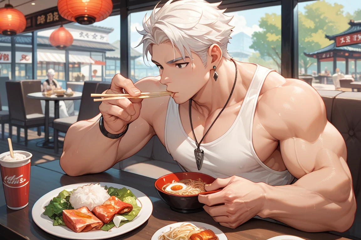 daddy,Age 55 years,Chinese cooking chef,Chinese,Fair-skinned,White Hair,Gray Hair,With tentacles,Tight muscles,Muscular figure,Wear glasses.,No shirt.,Wear fishnet G-string panties.,Pao Tung,Seated,Chinese Food,Chinese restaurant ·,China