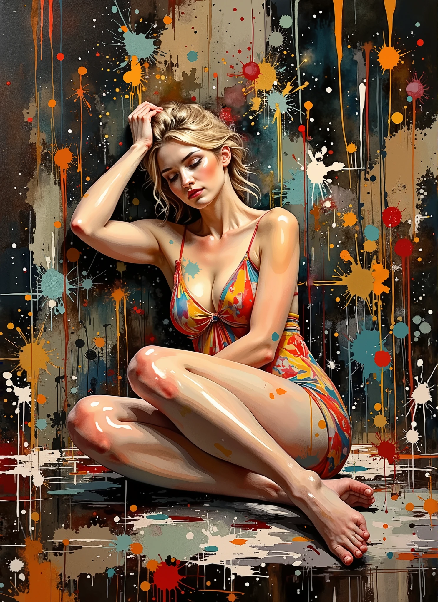 masterpiece, best quality, extreme detail, 8k, image sharpness, Ultra detail hair, beautiful woman, ultra detail face, perfect eyes, perfect face,1girl , pointy ears, white hair, long hair, lipstick, makeup, black eyeshadow, jewellery, bracelet, big breasts, wide hips, thick thighs, sci-fi, cosmic scenery, alien planet, esoteric, occult, black magic, satori, witchcraft, sexy pose, colorful image,