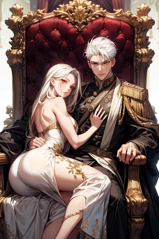 Woman, white hair, golden eyes, big breasts, white skin, golden corset, white and lilac clothes, holding a knife, short skirt, hot, pretty, good quality.
