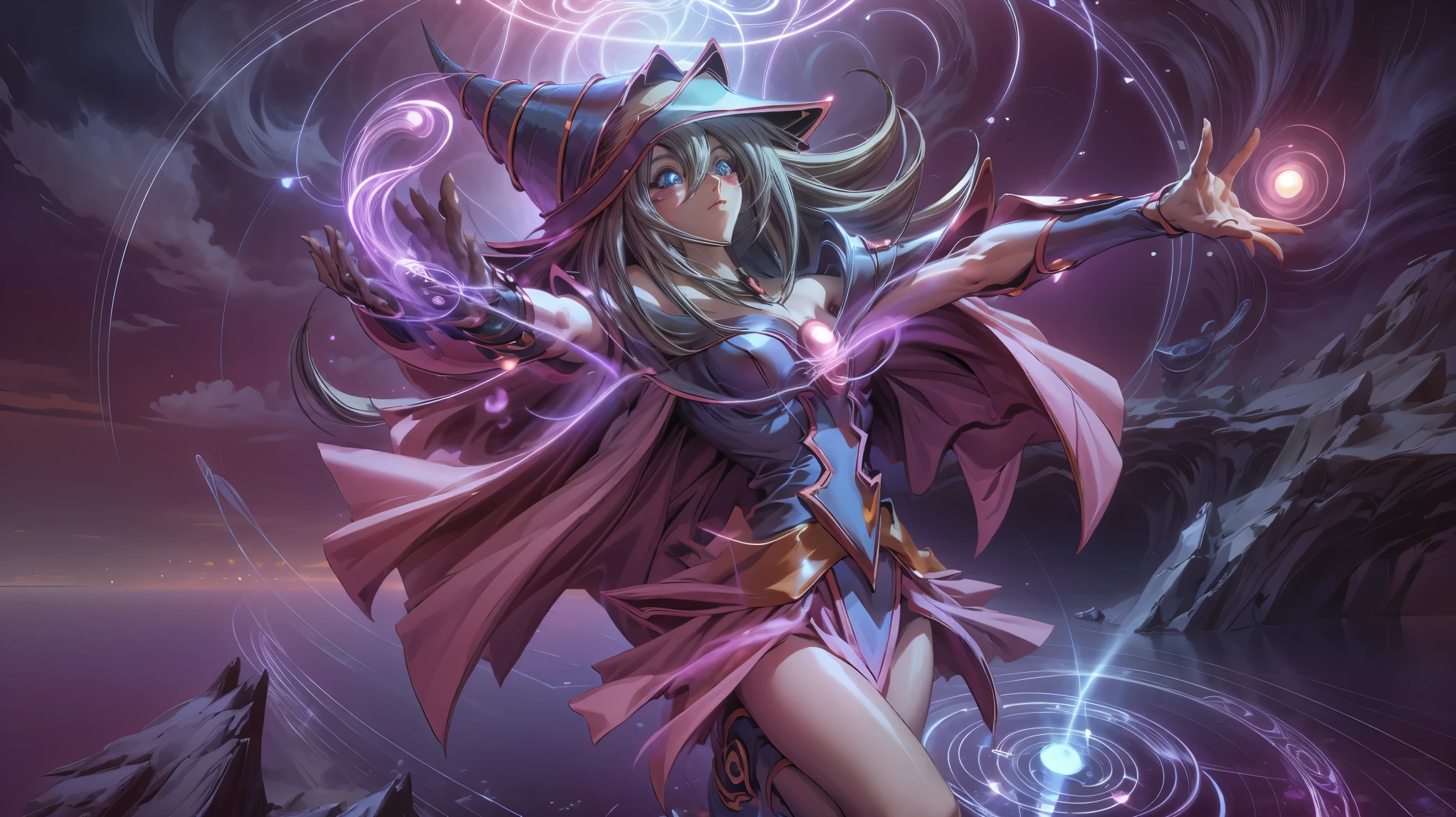 ultra-detallado, extremadamente detallado, obra maestra, sthe highest qualit, la mejor calidad, absurdos, highres, dark magician girl, (1girl: 1.2), solo, cara detallada, dynamic  pose, flujo de cabello, (cuerpo completo: 1.1), cabello rubio, cabello largo, mirando al espectador, ojos verdes, skindentation, piel detallada, poros de la piel, (piel brillante, piel brillante: 1.1), detalles de piel rosada, senos, toenail polish, falda, calzado azul, sombrero azul, sombrero de mago,  varita, holding hat, (bragas azules: 0.9), (summoning circle: 1.1), hexagrama, pentacle, pentagrama, yu-gi-oh!, monstruo de duelo, Purple Magic Field, resplandor, fondo detallado, fondo intrincado, Pose sujestiva y sensual