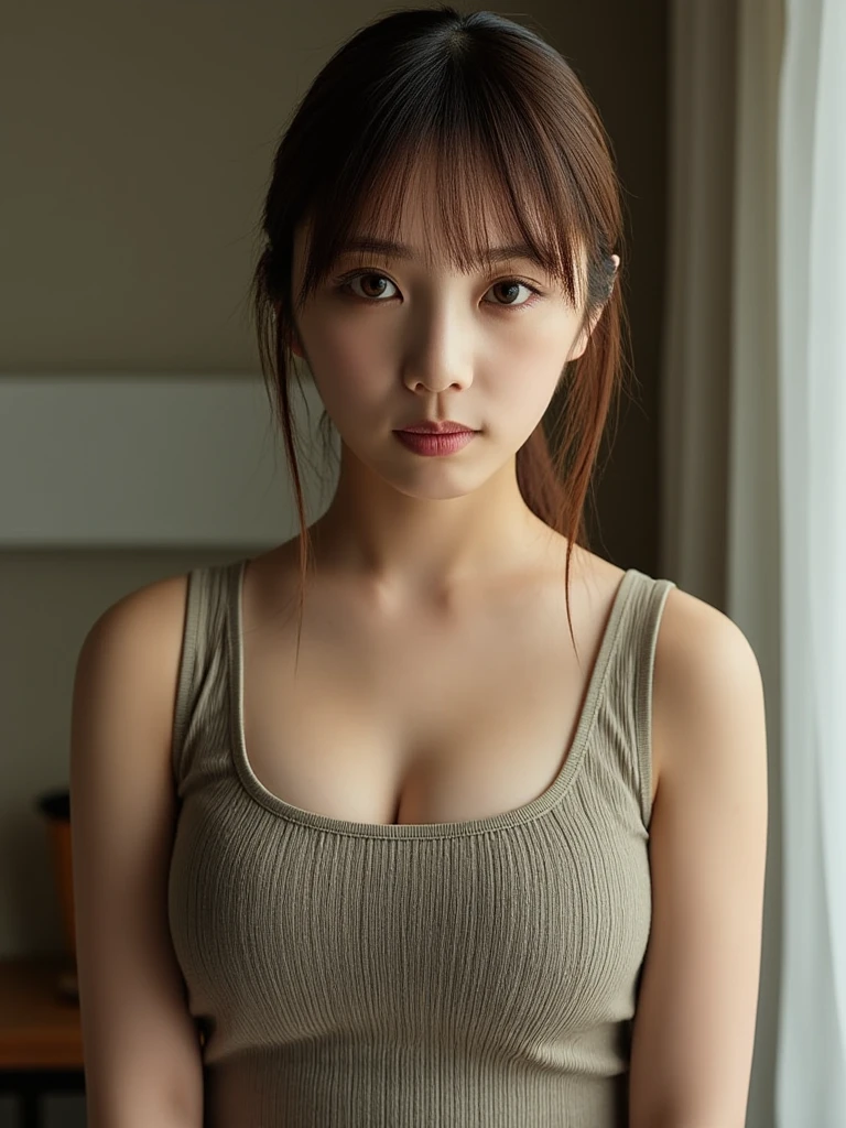 ((Highest quality, 8K, masterpiece :1.3)), One girl, Beautiful woman with accentuated curves :1.3, (Random Hairstyles, Medium sized breasts :1.2), Oversized tank top :1.2, Highly detailed face, Fine grain, double eyelid