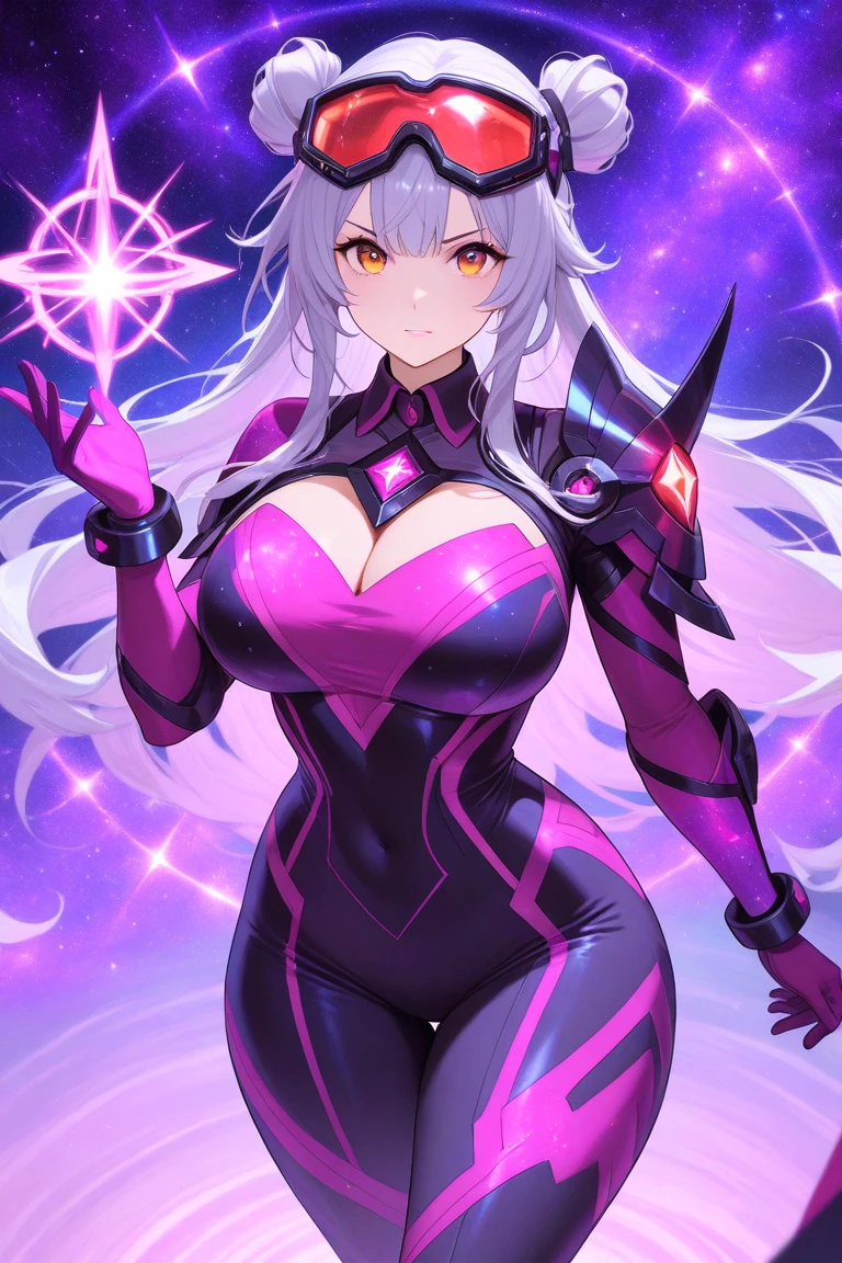 masterpiece, game CG, poster, highest resolution, official illustration, three-dimensional coloring, detailed Coloring, detailed description, artistic beauty, (1girl:1.2),(solo:1.2),facial features sharp Face,large_breasts,
Muscular build, sleek, streamlined body, purple skin, metallic accents, sharp features, glowing eyes, intense blue eyes, angular face, futuristic design, high-tech armor, smooth, shiny metal, high collar, fitted bodysuit, dark purple with silver highlights, armored segments, geometric patterns, sleek, form-fitting pants, metallic sheen, integrated energy conduits.