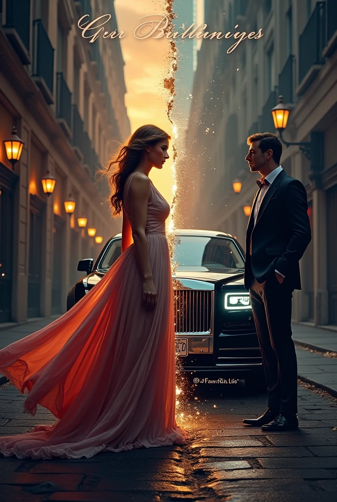 A gentle man kissing the hand of a blonde woman in a red dress and antique belt and bracelets, a starry blue sky and a Porsche behind the man.