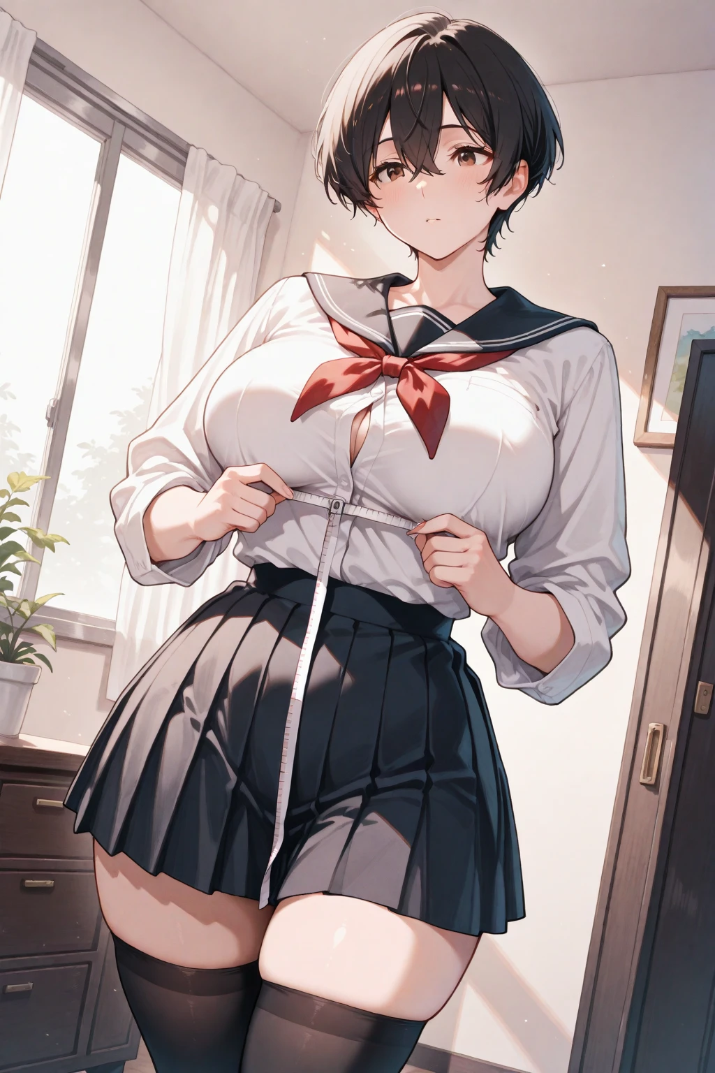 (masterpiece, best quality:1.2), 独奏, 1girl, kobayakawa rinko, , jitome, tsurime, (open forehead:1.2), (short hair with ear coverage:1.4), dark blue hair, ((asymmetry)), bashful, medium breasts, looking at viewer, standing, school uniform, serafuku, pleated skirt, socks, white string thong, (full-face blush), embarrassed, BREAK, Flashing panty, (Skirt lift:1.4), (lifted by self:1.4), string thong focus, extremely detailed hands, ((accentuate white string thong)), ((skirt grab with both hands)), indoors, library, (night:1.5),(dark background:1.1), Very large breasts、Exposing the breasts、Bare your breasts、Nipples、pussy