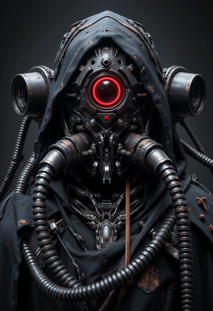 a close up of a {samuraj: 0.1 - 0.45 : 1 - 0 : co} {robot: 0.5 - 0.9 : 1 - 0 : e} person wearing a weird futuristic mask, hyper maximalist, takata yamamoto style, (eyes hidden behind weird mask googles glasses made of black diamond glass decorated in ornate korean street fashion fused with indigenous clothes:1.1), androgynous, face covered, maximalist hiphop, puffy jacket, inflated, detailed buttons and strings and zippers all over, many intricate folds as details in the clothes and fabrics, studio, japanese clothes, dark navy grey backdrop with spotlight and gobos, dark focusing vignette, grain, (shiny:1.2), psytrance, red sport clothing, irreverent characters, fstop of 8, hyper - real, swiss design, old charismatic mechanic, pulsating, future fashion shoot, PunkAI, poster,
