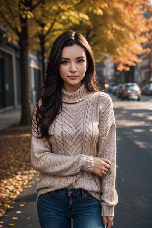 photo of a beautiful woman looking into camera, shoulder, half body portrait, pastel colors, autumn lights