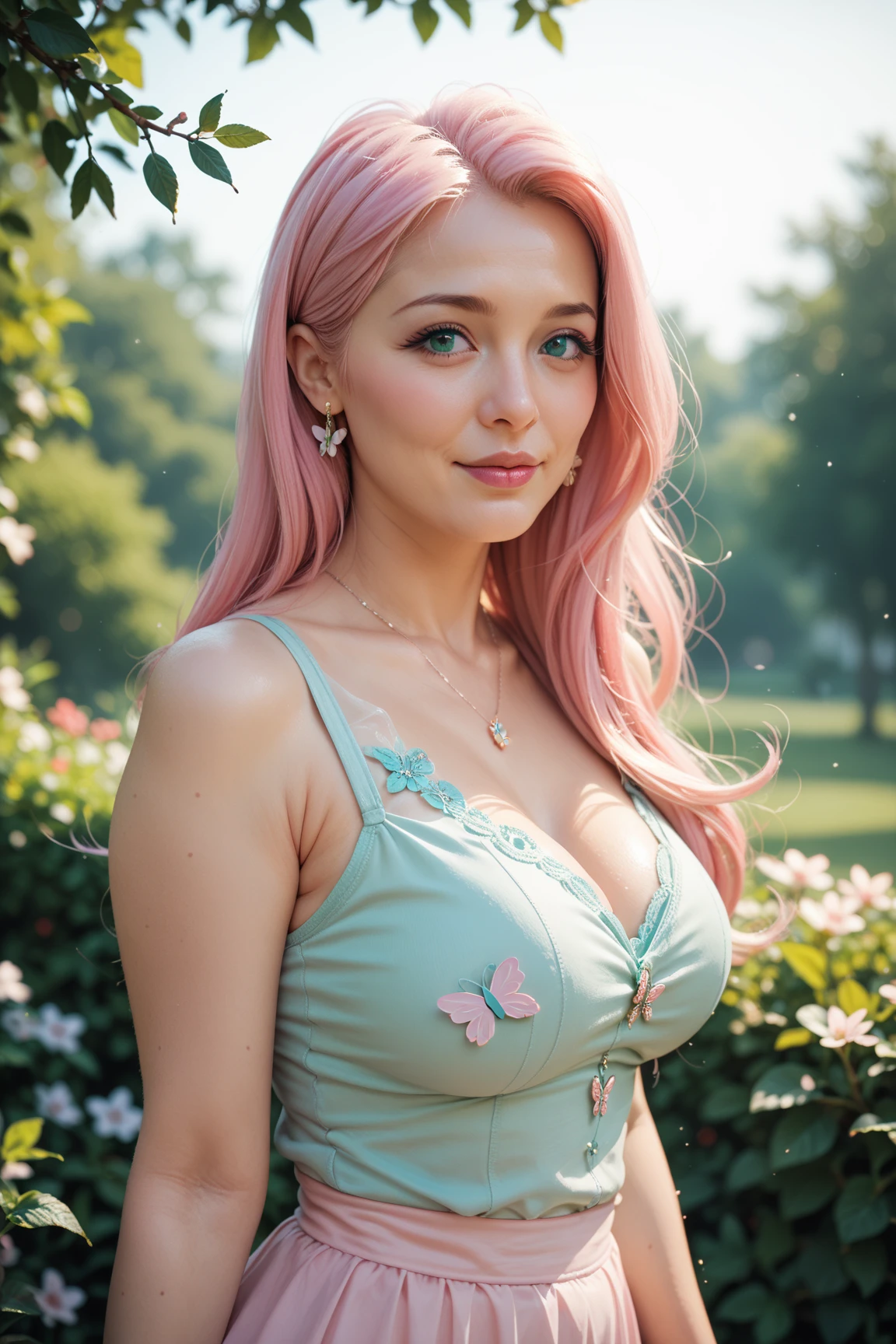 Beautiful caucasian girl, asian girl eyes, soft asian eyes, egirl style, beautiful face, beautiful pale skin, clean skin, pink hair with bangs, long pink hair, round blue eyes, charming beautiful blue eyes, defined eyebrows, dark eye liner, dark eyelashes, soft skin, cute nose, soft smile, red sexy lips, egirl makeup, cute face, flirty look, mesmerizing look, fit body, medium breasts, small waist, pink style, wearing white sundress, sundress with lace details, picnic, fruit basket, strawberry, green grass, wilderness, beautiful legs, garden with flowers and grass, best lighting, natural light, best quality, best colors, ultra realism, highly detailed, 4k