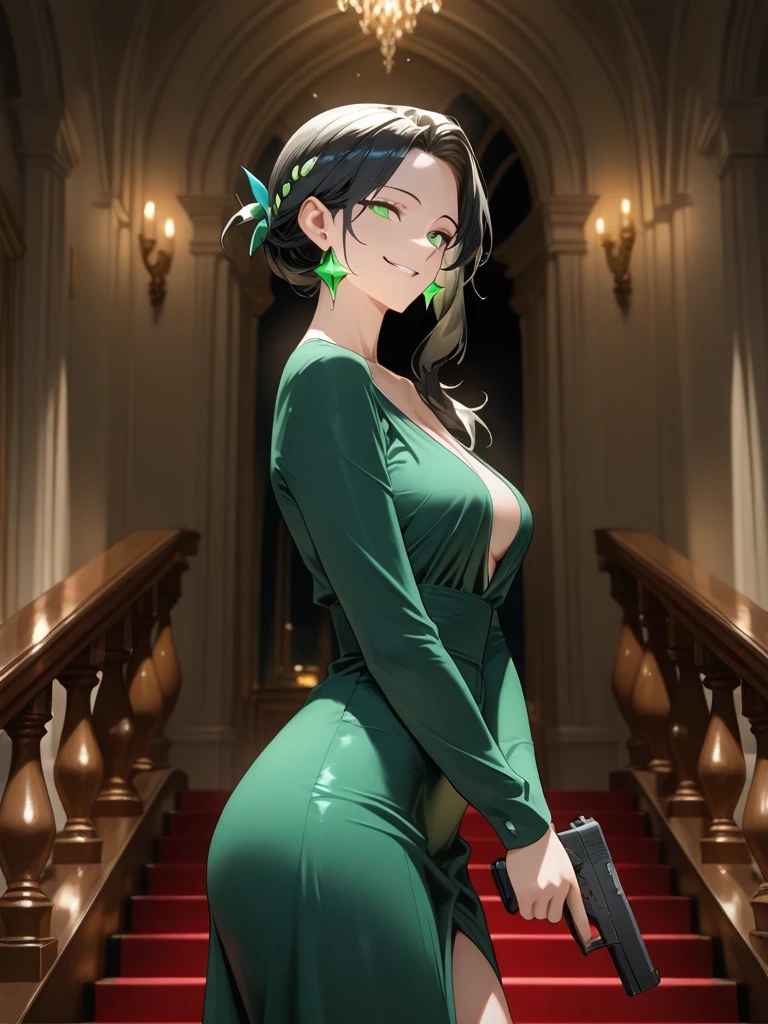 (Masterpiece), Best Quality, ultra-detailed, perfect hands, perfect legs, 1girl (anosillus II, Slender and sexy body, Big and pretty breasts, , dark green hair, green eyes, spectacles), wicked smile, parted lips, facing viewer, looking at viewer, , solo, black opera dress, ornate dress,cleavage, bows, long dress, in the mansion, standing,Open the door, Sexy waist teasing , from_below