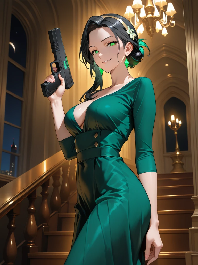 One girl, Mature Adult, Dark brown hair, Blue leotard,gloves, Hands on hips, casino, bracelet, Green Eyes, alone, single, Bob Hair