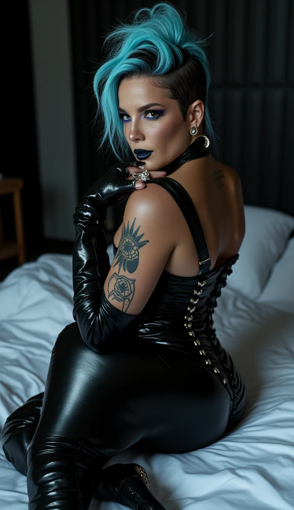 (masutepiece, Best Quality), ultra-detailliert, Photorealsitic, beautiful woman with blue hair, ((Wear elaborate and exotic leather bodysuits and harnesses)), sexy underwear, garterbelts, fishnet tights, long boots, a necklace, Leather Accessories, Wavy Hair, Perfect face, Beautiful face, enticing, big gorgeous eyes, I have my mouth wide open, Happy, heavy make up, Purple lips, Dark Eye Makeup, Green eyes, seducting smile, Glamorous body, Big ass, (Basement at night), Pose Seductive, Sit on the sofa
