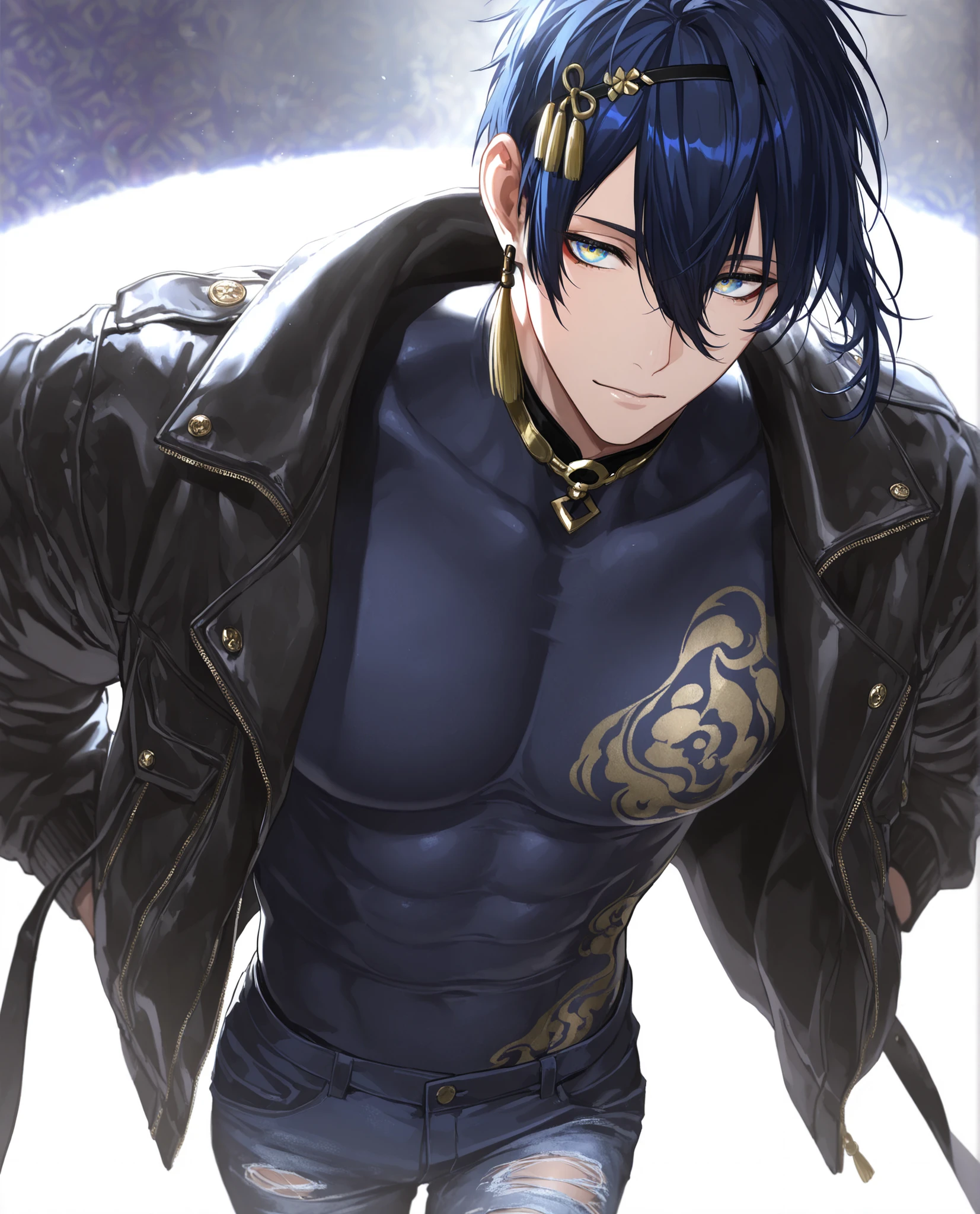 (masterpiece:1.2), (best quality:1.2), (very aesthetic:1.2), ,(newest),(highly detailed),(dynamic lighting),(cinematic lighting),1 man, adult, ,mikazuki munechika, touken ranbu, solo, blue hair, blue yellow eyes, handsome, sexy man, sensual,
,solo, cool_man_style, male cool clothes, cool fashion, intricate clothes, intricate accessories, intricate patterns, cool, stylish, compression shirt, black leather jacket, torn jeans, sneakers,  standing , upper body , (portrait), looking at forward,dynamic angle,cinematic lighting , cinematic angle, soft light , color detail, backlighting,long exposure,  intricate colors, vibrant colors, ,8K, UHD, abstract background, white background,  best quality, soft lines, clear details 