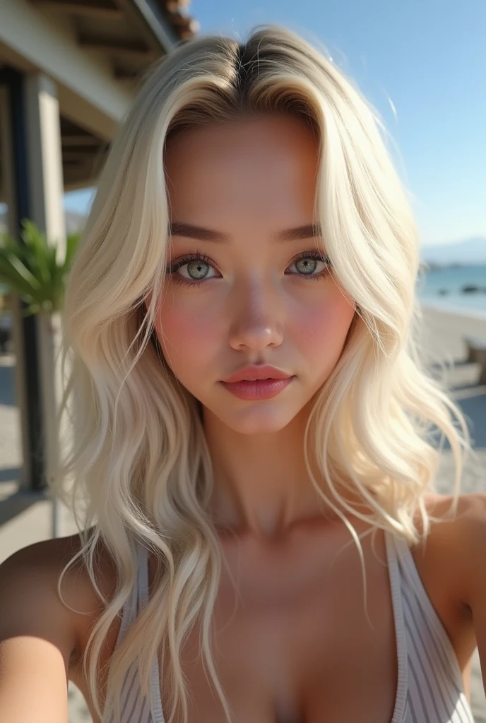 Hot girl, white hair, yellow eyes, in the beach, big tits