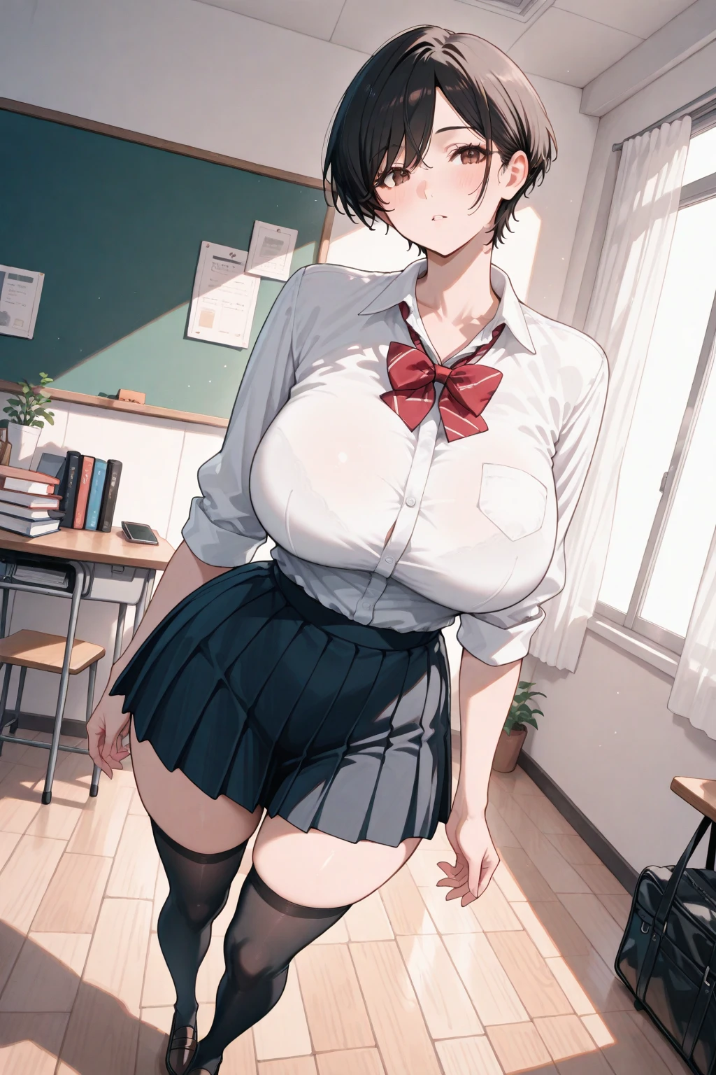 ((table top, highest quality, High resolution, nffsw, perfect pixel, 4K, nffsw, nffsw,35 years old))), 1 girl, single, alone, beautiful woman、I could see the whole body、 ((short bob hair, bangs, brown hair)), ((brown eyes, beautiful eyelashes, realistic eyes)), ((detailed face, blush:1.2)), ((smooth texture:0.75, realistic texture:0.65, realistic:1.1, Anime CG style)), medium breasts, dynamic angle, perfect body, ((teacher,Open front short sleeve blouse、tight skirt、garter stockings、high heels、Kamimei)), classroom without people、evening、Very embarrassing panic smile、soft breasts、(、、open both legs、lace panties)