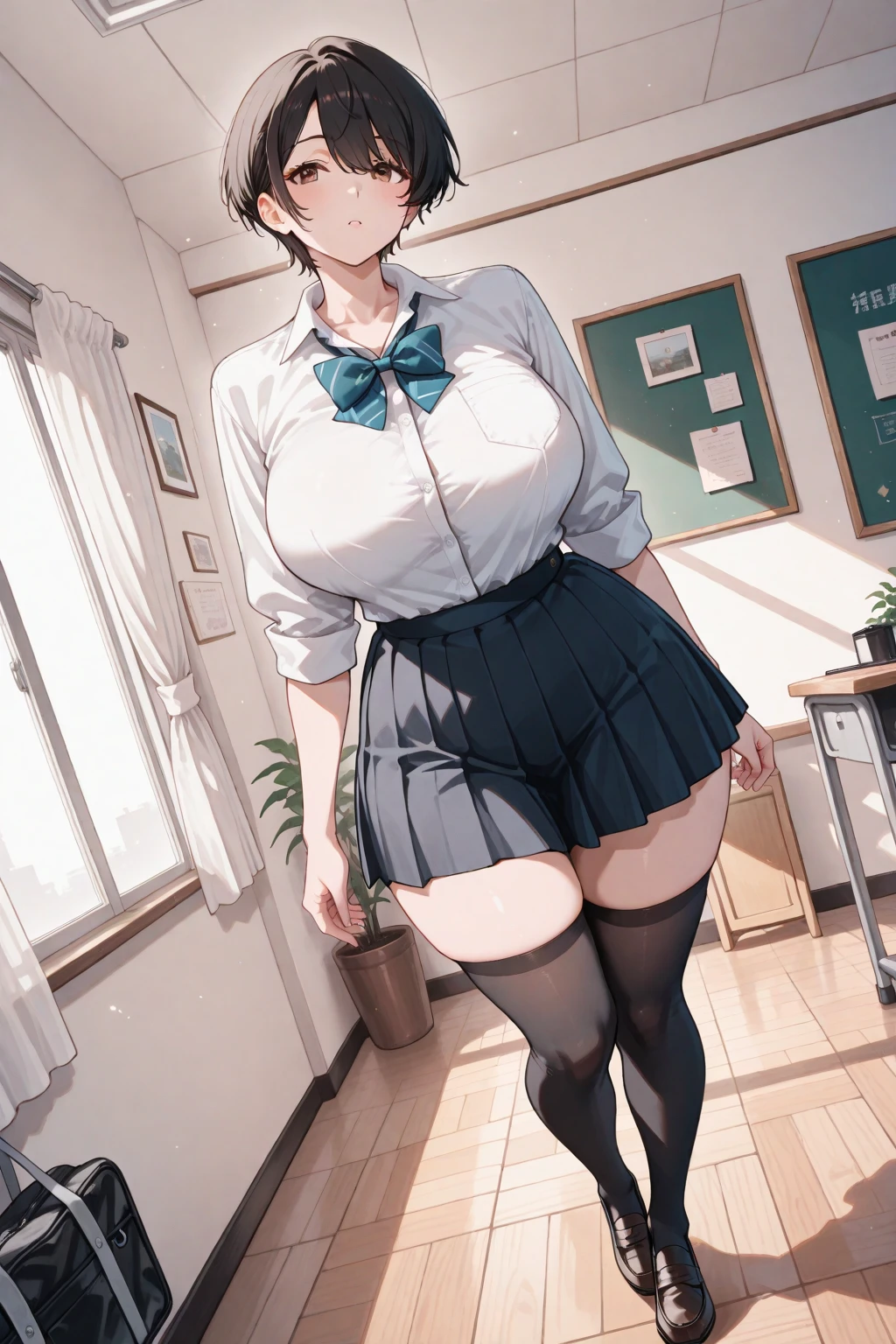 (One lady)、(masterpiece)、(best qualtiy)、(ultra-detailliert)、(a high chroma)、(CG Illustration)、((full-shot))、18 year old beautiful schoolgirl、Delicate beautiful face、(red blush)、(Longhaire)、(A dark-haired)、(dishevled hair)、(Anime-style eyes)、((White plain clothes))、See-through clothes:1.3、((Thick black tights))、(Translucent panties)、(Dark blue pleated skirt、Blue sailor color)、((no-bra))、(teats)、B cup breasts、((turned around))、The best lighting、Train bench