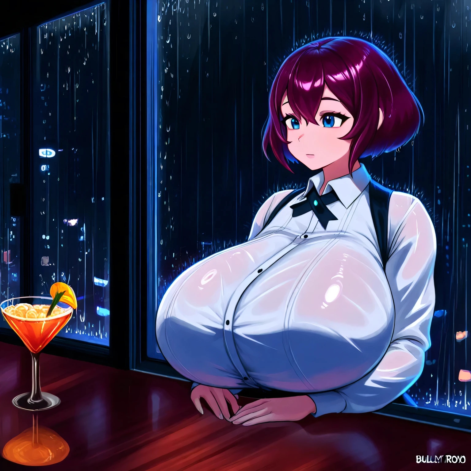 bartender girl working, Bartender making drinks, bartender looking out the window while working, rain falling on the window, Bar scene at night, extremely massively bulky curves huge, cabelo roxo, short hair, blue eyes, huge breasts, bulky , big , Bartender clothes dry.