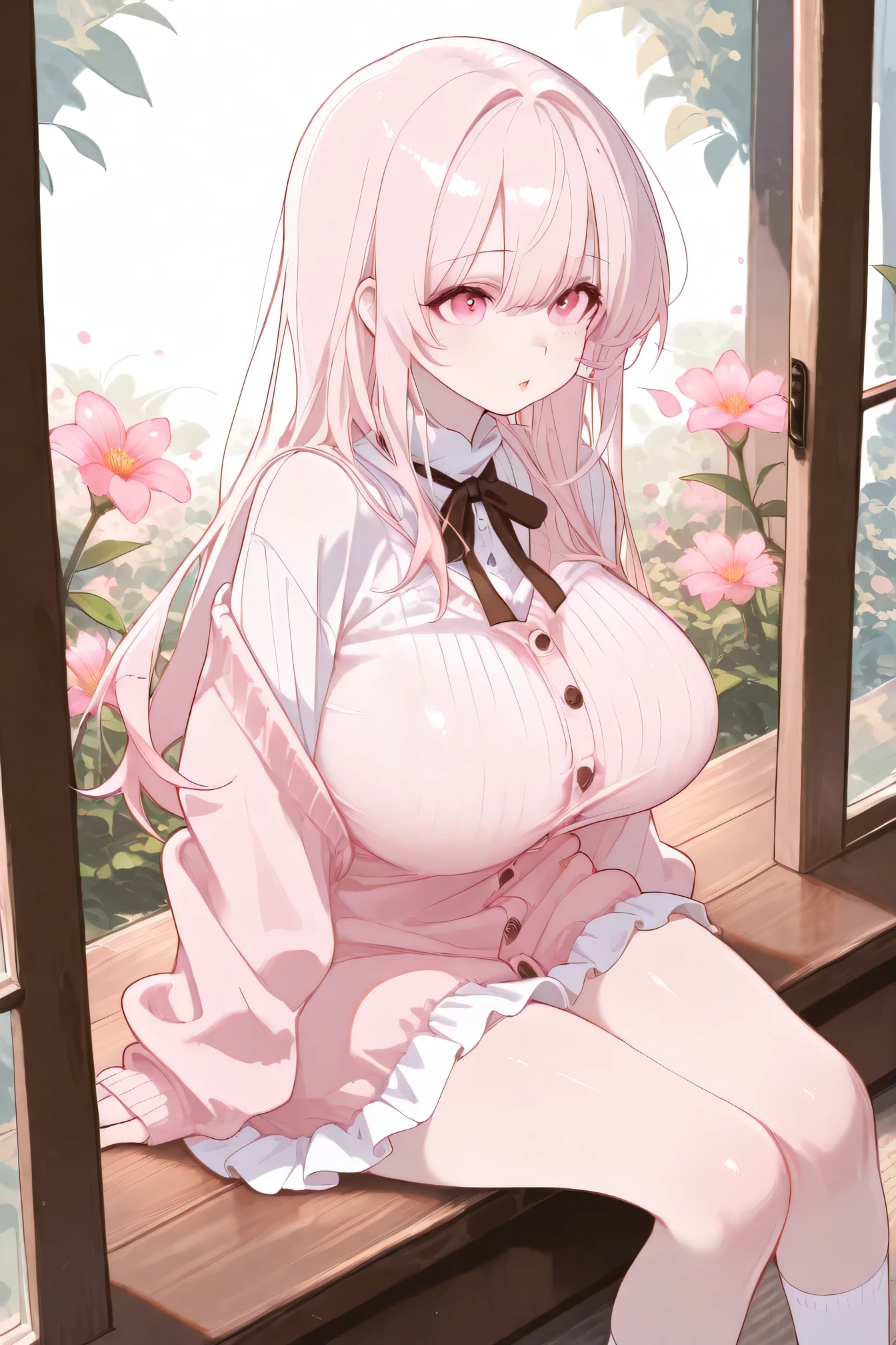 Highest Quality、anime style、masterpiece、Huge Breasts、(Girl and cat sitting side by side on the veranda in early spring afternoon:1.3)、both in the warm sunshine、they are narrowing their eyes and making them feel comfortable、Flowers are blooming in the garden and the wind is blowing、 White Ruffled Dress、Pale Pink Cardigan、Thin socks with bare feet、cute