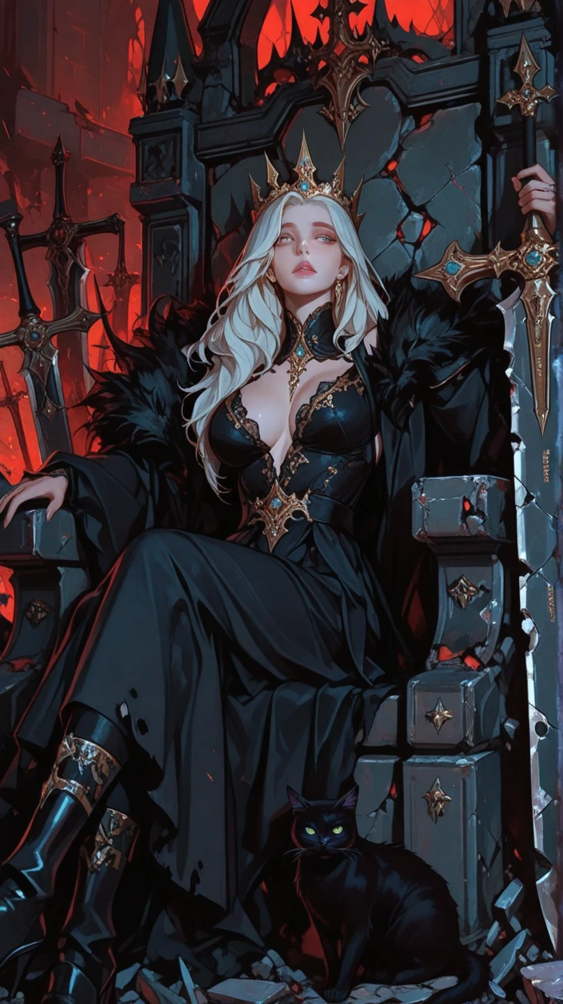 a female dark elf, long curly white hair like clouds, pointed ears, opulent eyes, thin lips, round face, tan skin tone, form-fitting clothes, large bust and wide hips, sitting in a cozy armchair, looking at viewer, knee-high boots, holding a large open book, elven library setting, (best quality,4k,8k,highres,masterpiece:1.2),ultra-detailed,(realistic,photorealistic,photo-realistic:1.37),intricate details,fantasy,cinematic lighting,dramatic shadows,warm tones