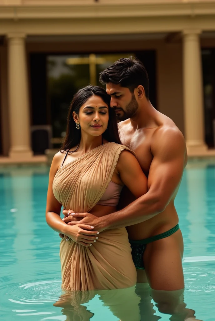 night scene from side view, extreme close up photo of young muscular man grabbing vedhika from behind, big cheeks, woman is wearing satin lengha cholli man is shirtless, hourglass figure, deep cleavage, romancing each other in a ship deck in sea, showing armpits, red lips, necklace, sultry, look at viewer and smile, (cinematic:1.3), intricate details, (ArtStation:1.2)