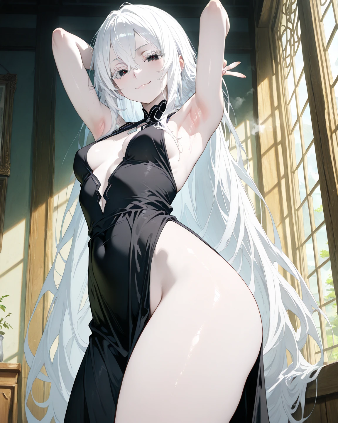 ((Masterpiece, Best Quality)), 1 girl, adult, 25 years old, long white hair, (green eyes), detailed eyes, bright skin, Fragile physical, white clothing, Detailed clothing, dark room, Detailed room, earrings in ears, I look at the viewer, blush on cheeks, calm face, wolf white ears and tail, Erotic clothing, small breasts, detailed small nipples, detailed clothing fabric, NSFW, ((Sakimical Frank Franchetta, Heise Jinyao)), delicate, elegant, feminine