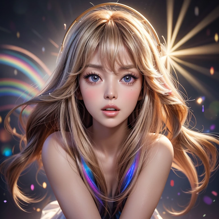 NSFW, 8k, High-level, absurd, masterpiece, best quality, primitive, very detailed CG, very detailed wallpaper, perfect lighting, Extremely detailed ((( personifying " Farrah Fawcett Majors " as a Little Girl))), MysticSight, Tyndall effect, Tyndall scattering, (Studio gray background with (Overflowing oodles Dazzling RainbowColorParticles (BokeH))), (RoundlyButts, ThighGap), (Exposed:0.4), (Assfocus with looking ahead) BREAK  (Acutance:0.88), (NOGIZAKA face variations) Extremely Detailed very KAWAII face variations, perfect anatomy, Childish, CaptivatingGaze ElaboratePupils detailed Eyes with (sparkling highlights:1.28), (Voluminous LongEyelashes、GlossyRED Lips with beautiful details, RosyCheeks, Radiant PearlSkin with Transparency . { (Dynamic LifeLike expressions:1.4) | :d) }, (large eyes:-1) .